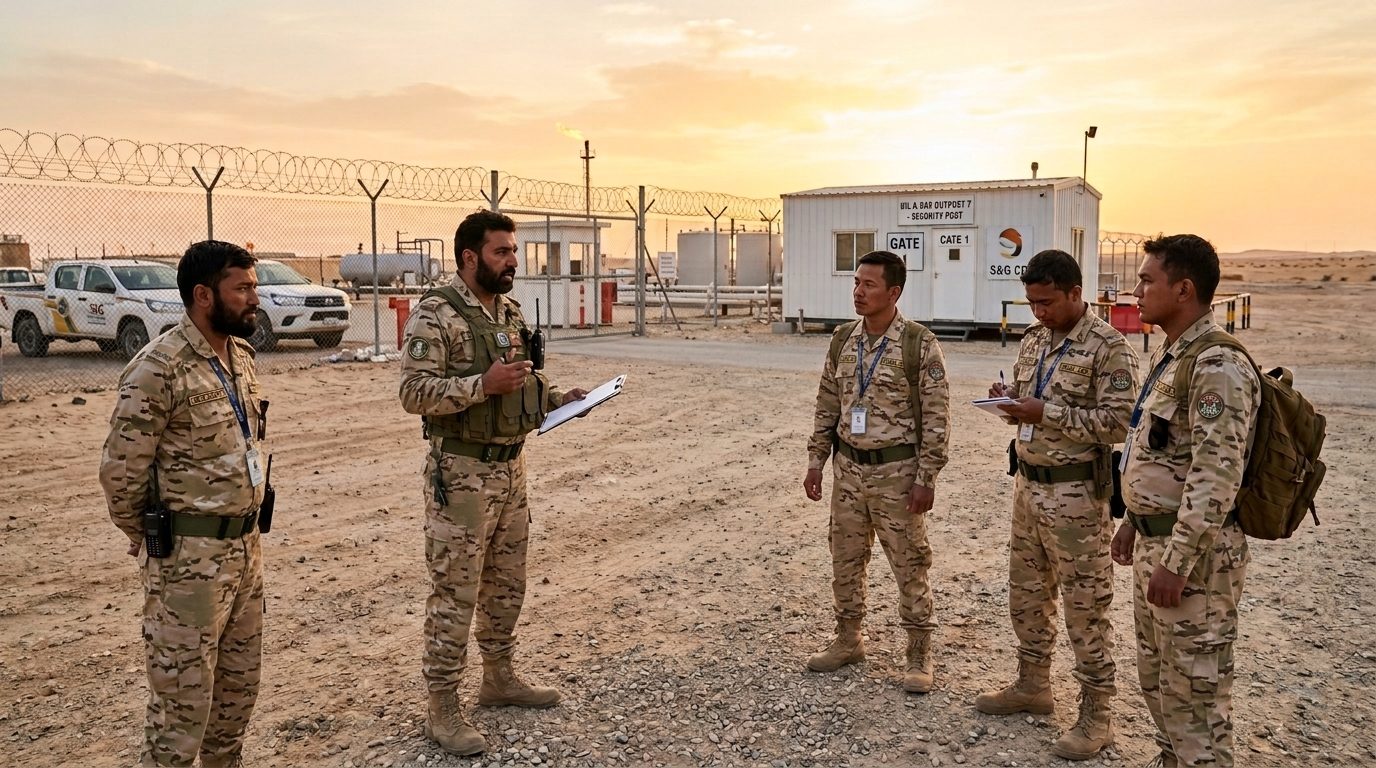مشرف أمن موقع يعطي إحاطة لفريق حراسة عند بوابة موقع صحراوي مع أول الضوء